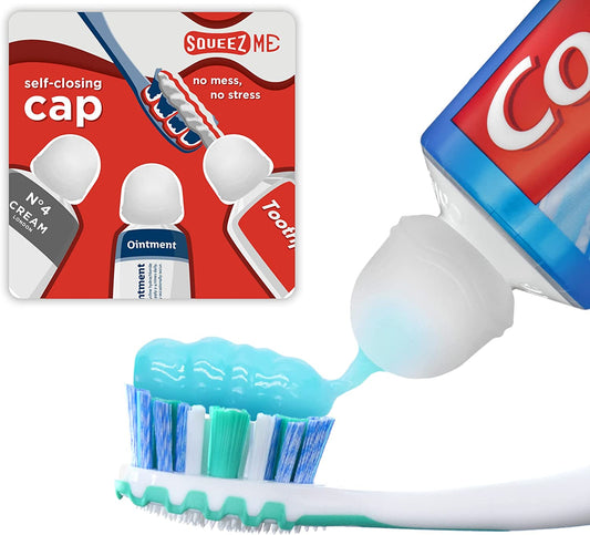 Toothpaste Caps Squeezme by , Self-Closing Silicone Caps, Mess-Free Toothpaste Dispenser Squeezer Lids for Kids, Adults, Bathroom Accessories for Tooth and Gum Health (Clear 3-Pack)