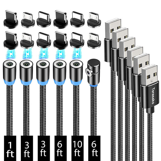 Magnetic Charging Cable 6-Pack [1Ft/3Ft/3Ft/6Ft/6Ft/10Ft], 3 in 1 Nylon Braided Magnetic Phone Charger, Compatible with Micro USB, Type C, Iproduct and Most Devices
